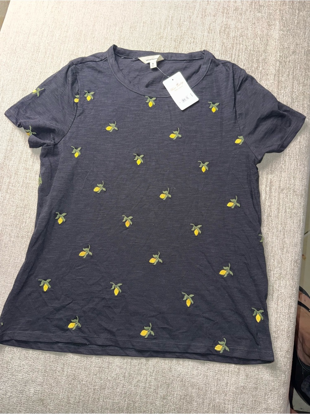 Lucky Brand Navy Short-Sleeve Tee with Yellow Lemon Embroidery
